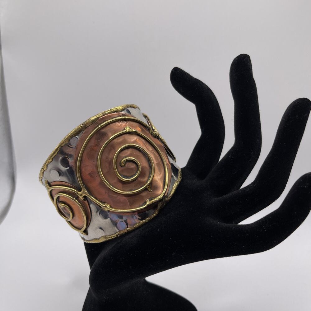 Fashion Boho Large Cuff Mixed Metal Ethnic Artisan designed scrollwork bracelet